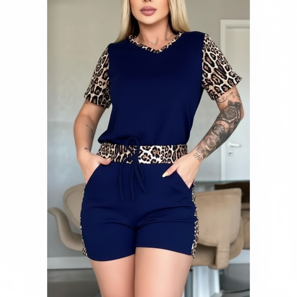 Conjunto Baby Look Blusinha Feminina Malha Crepe Short Oncinha Blogueira Casual Estilosa Tendencia