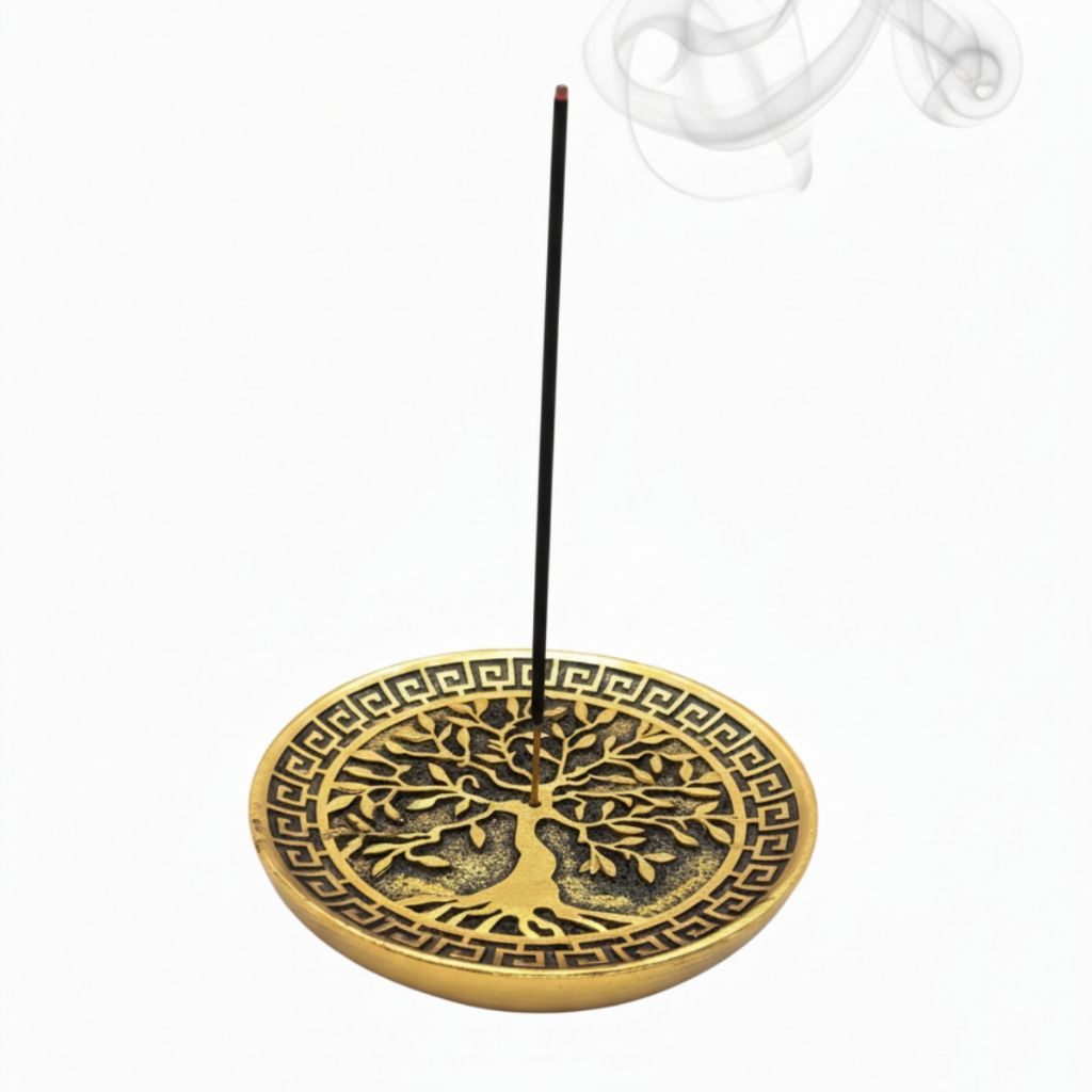 Imagem Incensário Redondo Árvore da Vida Dourado Resina - Decoração Zen 10 cm Diametro
