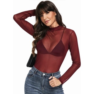 Body Tule Bordô Marsala – Manga Longa, Véu Sofisticado e Maleabilidade Total – Único (36–42 | P a G) em Oferta na Shopee