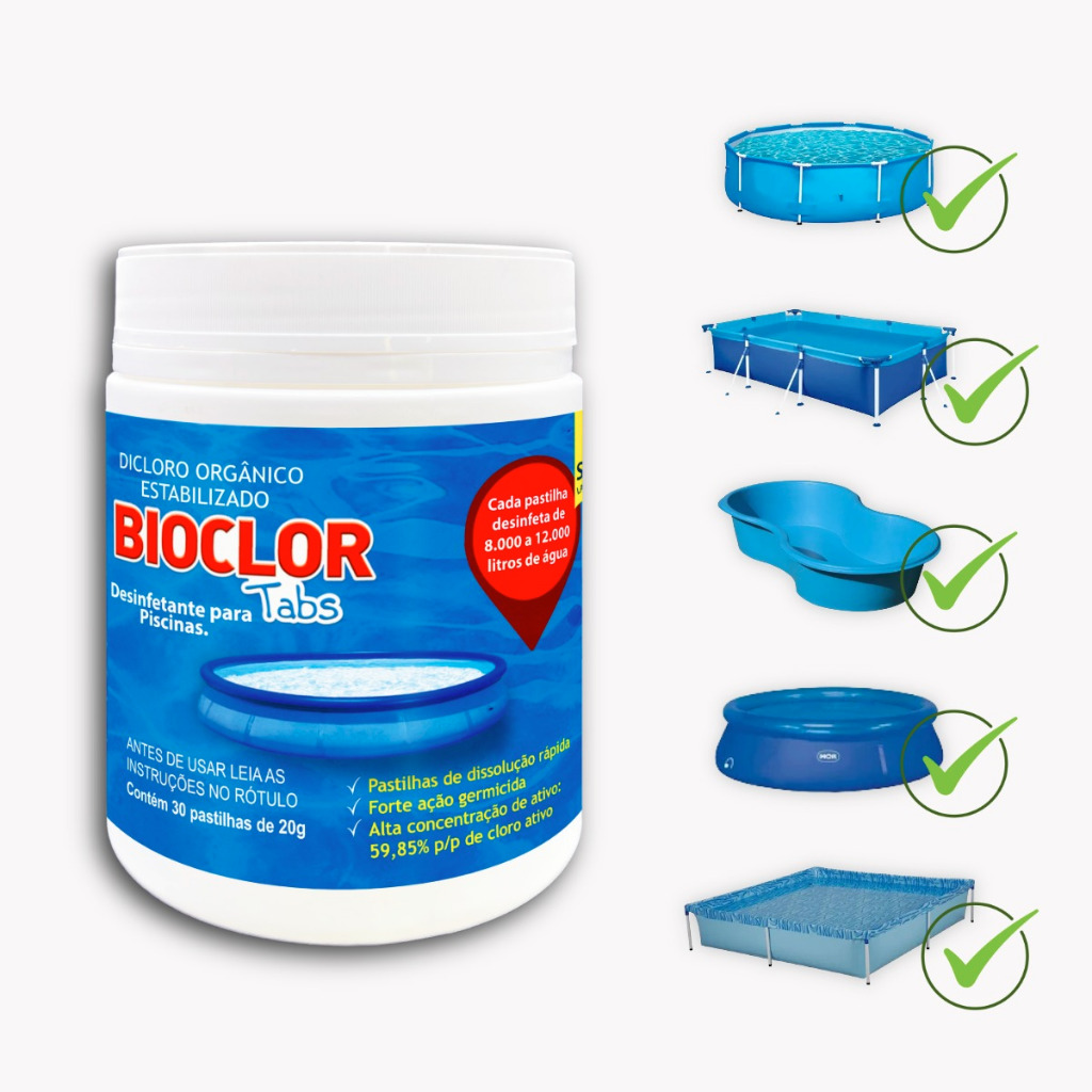 Pastilhas de Cloro 20g p/ Tratamento de Piscinas - Bioclor Tabs