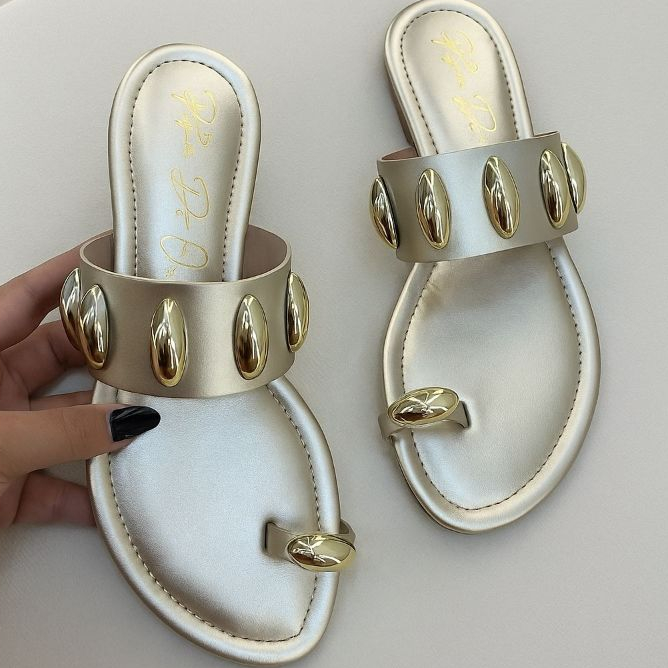 Rasteira Feminina Delicada Confortável Luxo Enfeite Metalizado Abs (Ref 6012)
