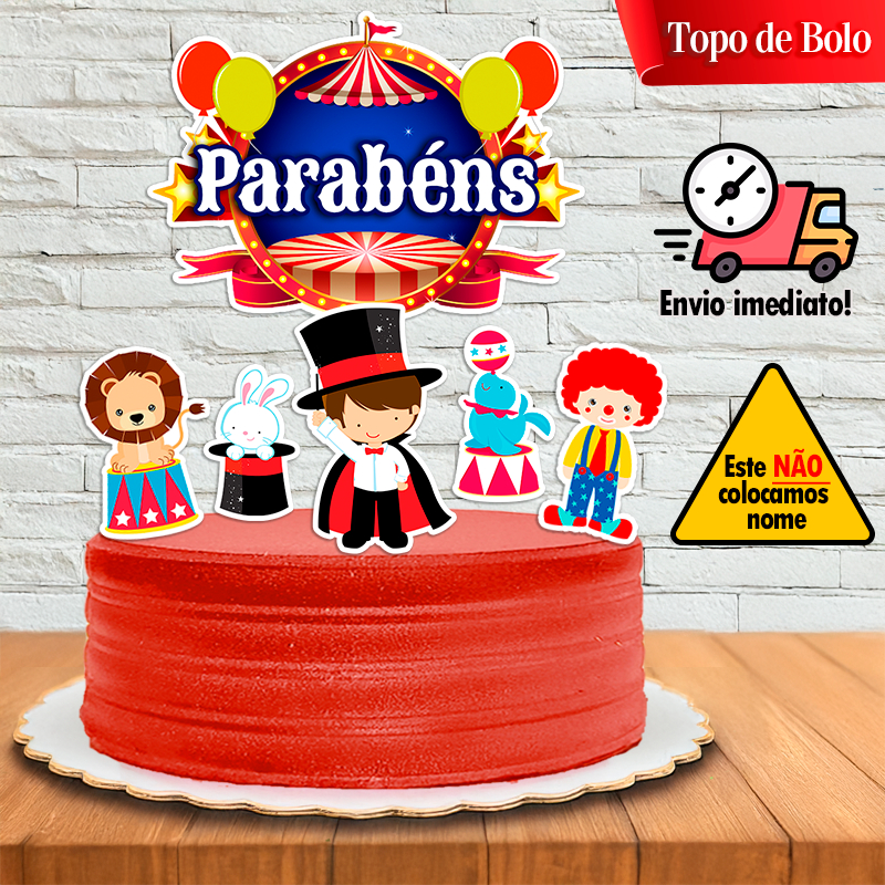 Topo de Bolo Parabéns Circo - Topper Decoração Festa Infantil