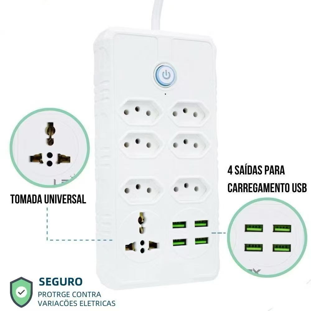 Régua Filtro de Linha com 7 Tomadas KIT 2 Extensão Elétrica 1 Universal 4 USB Bivolt 10A 110v/220v Cabo de 2 Metros