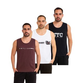 Kit 3 Camiseta Regata Masculina Variadas Algodão Cores do Verão