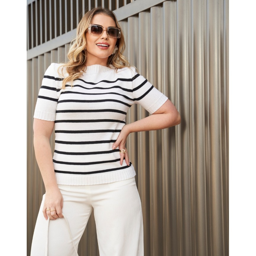 Blusa Feminina Blusinhas Feminina da Moda Elegante Tricot Listrada