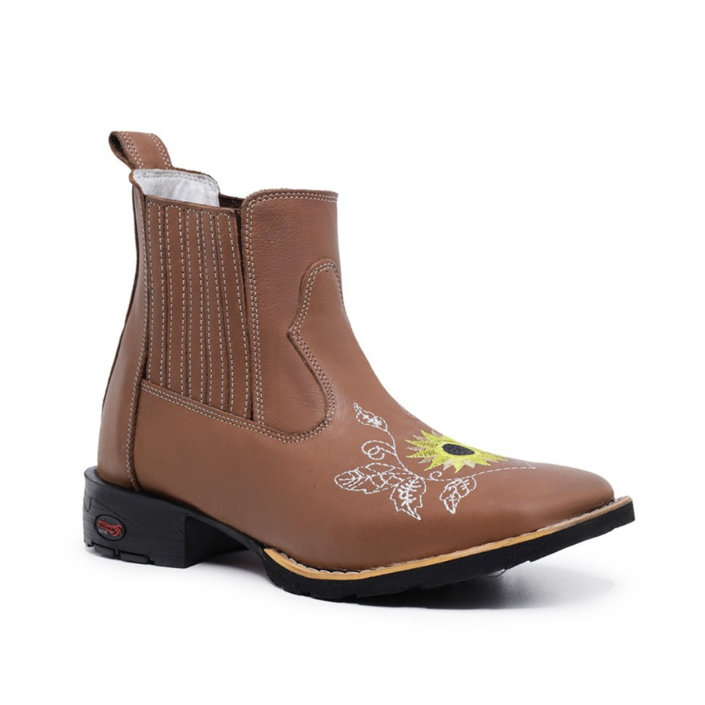 Botina Feminina Country Bico Quadrado Cano Curto Em Couro Texana Rodeio