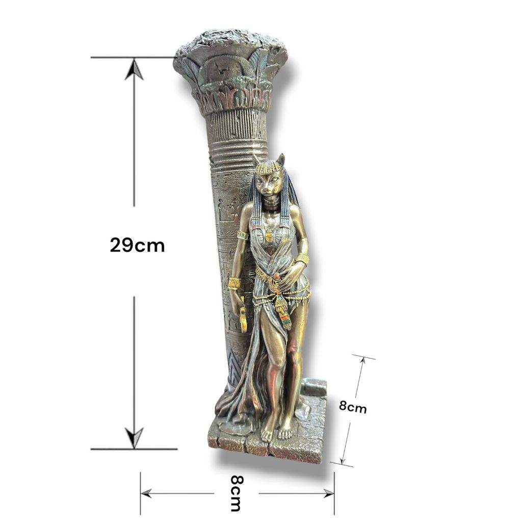 Peça de Decoração De Luxo Bastet Gata Egípcia No Pilar Hieroglifos Castiçal Veronese - Bronze