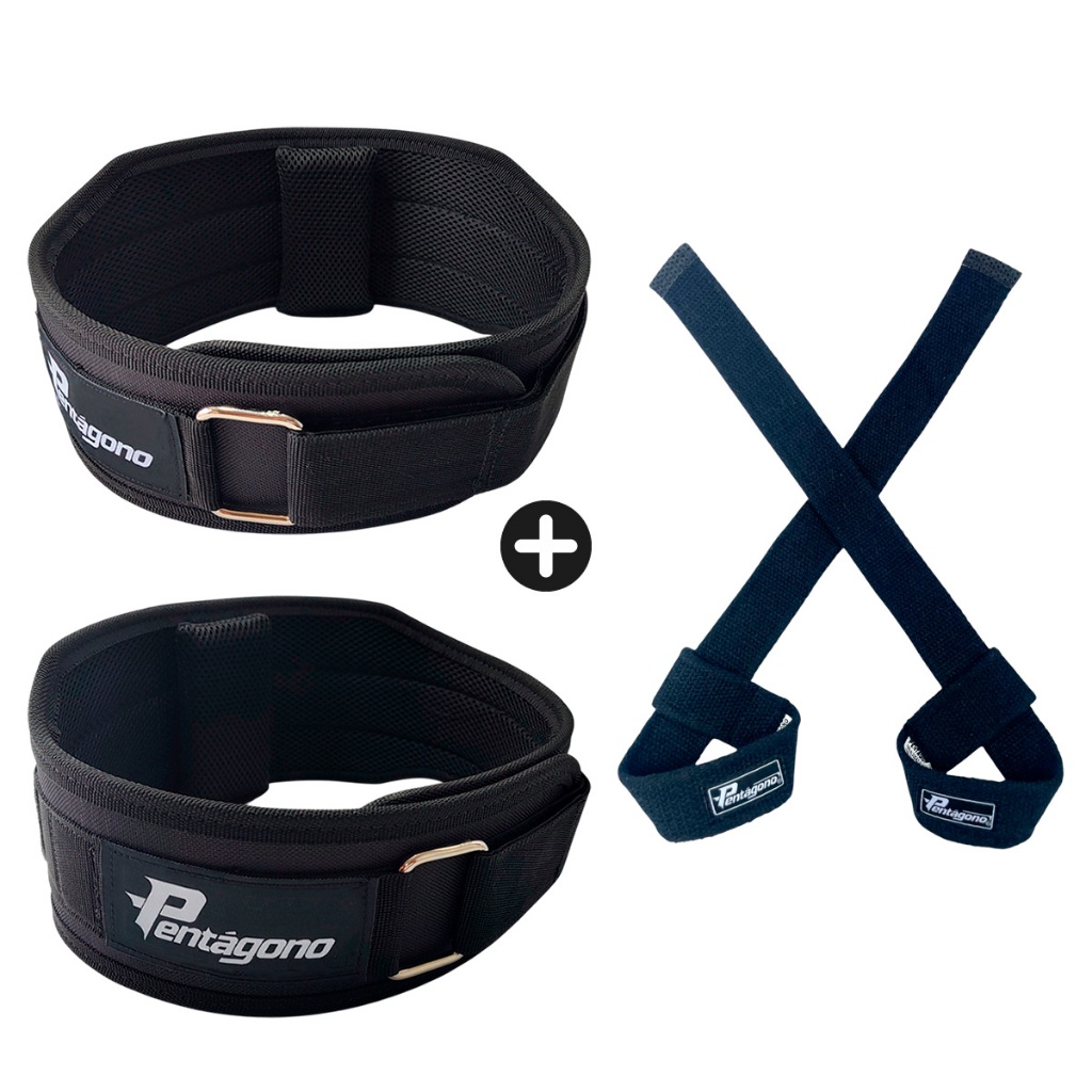 Kit Cinturão Musculação Tiger Ajustável com Apoio Lombar 64 a 105 cm + Par Tala Straps Preto – Pentágono