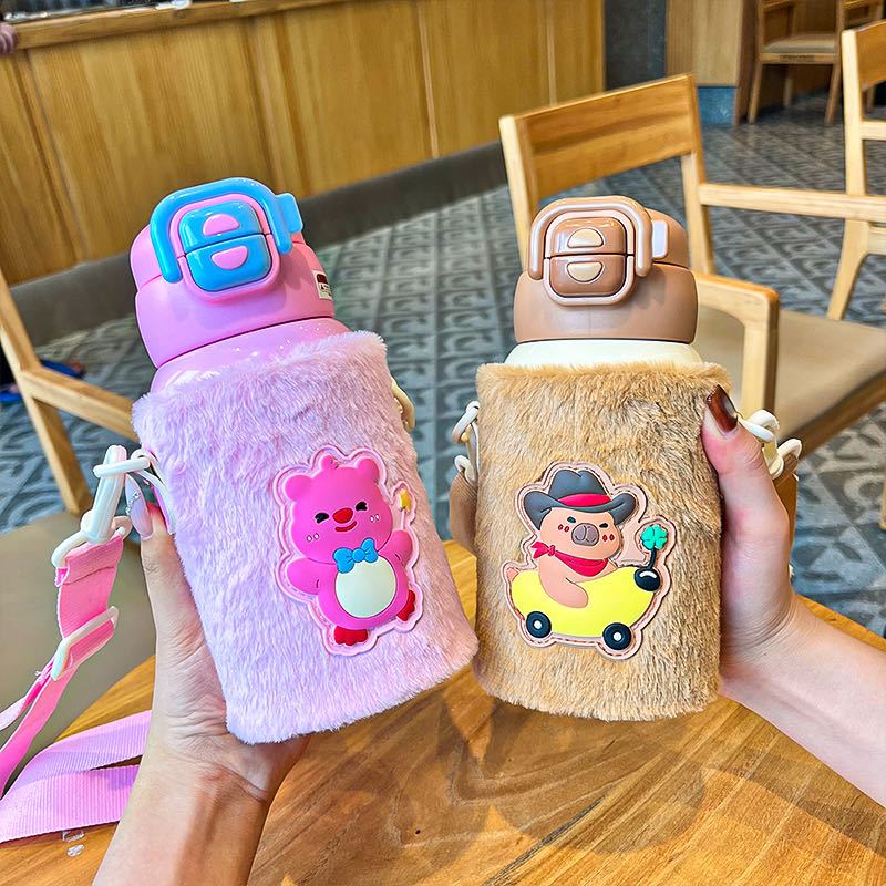 186Copo térmico infantil fofo e divertido 316 estudantes da escola primária canudo duplo de grande capacidade com estojo em Oferta na Shopee