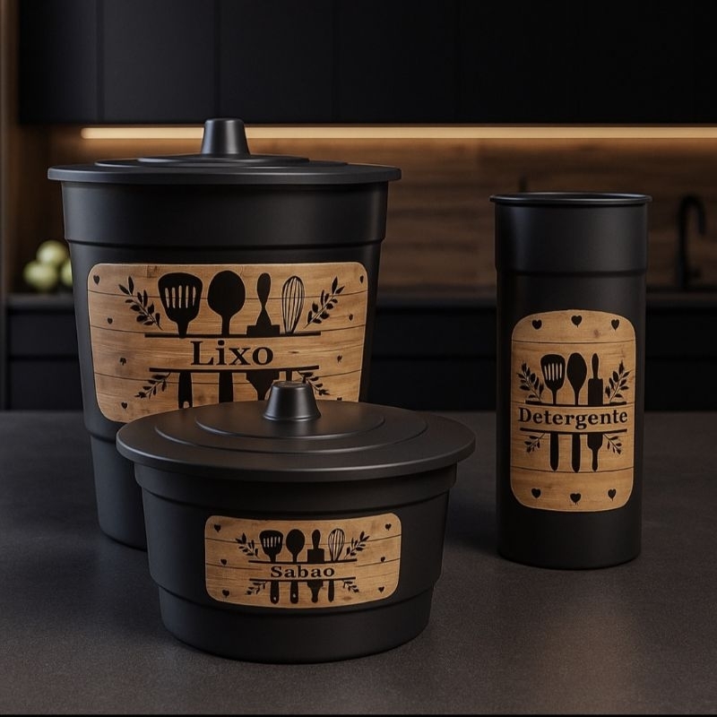 Kit Pia 3 Peças com Lixeira, Porta Sabão e Porta Detergente – Organizador Plástico para Cozinha