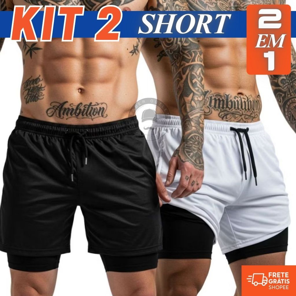 Kit 2 Bermudas Masculinas 2 em 1 Academia com Bolso Interno – Shorts Forrados interno Compressão