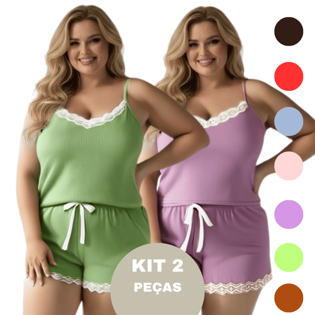 KIT 2 Pijama Feminino Plus Size Suede Canelado Sexy com Detalhe de Renda Luxo Canelado Premium em Oferta na Shopee