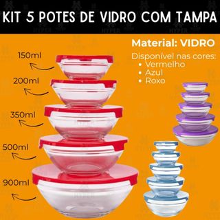 Kit 5 Potes Bowl Tigela de Vidro com Tampa  150ml, 200ml, 350ml, 500ml, 900ml Praticasa