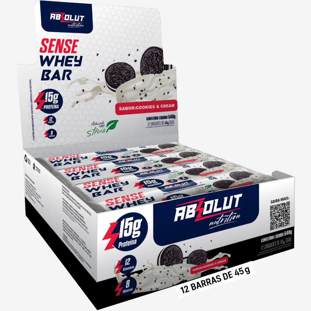 Barra De Proteína Sense Whey Bar Absolut Nutrition 15g Protéina Zero Açúcar Caixa 12 Unidades