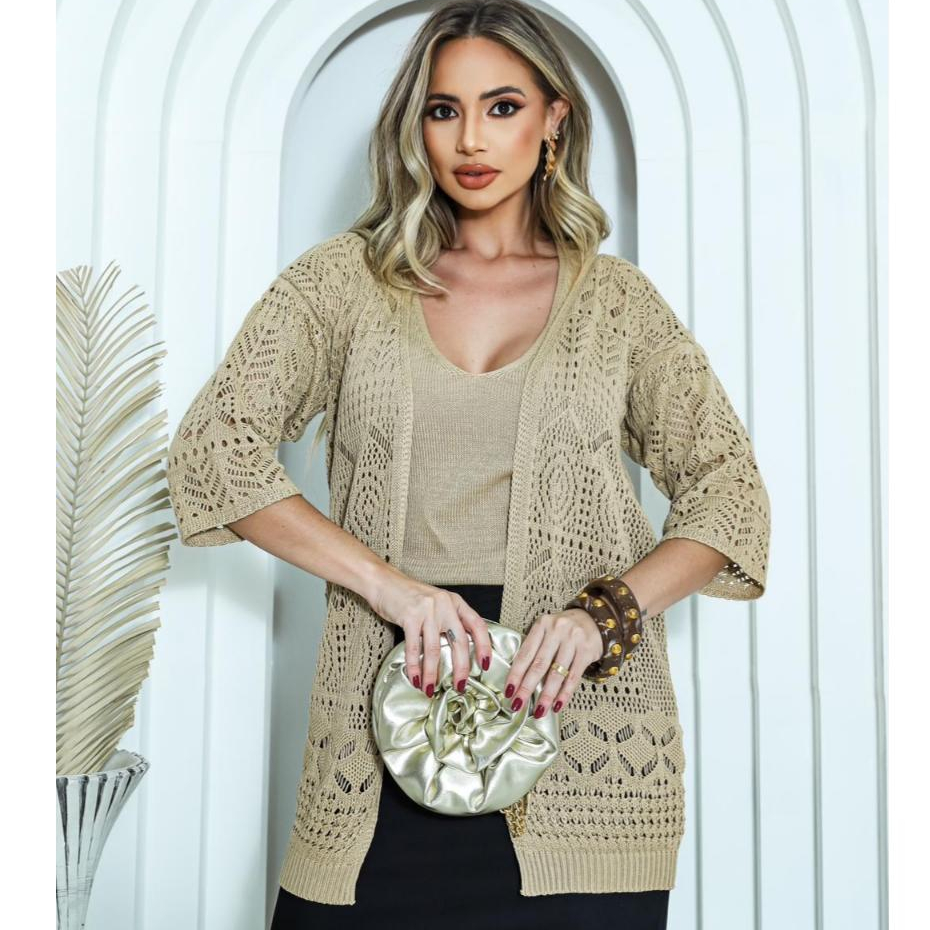 Conjunto Feminino Casaco Kimono Rendado e Regata Tricot Casual Elegante Twin Sete