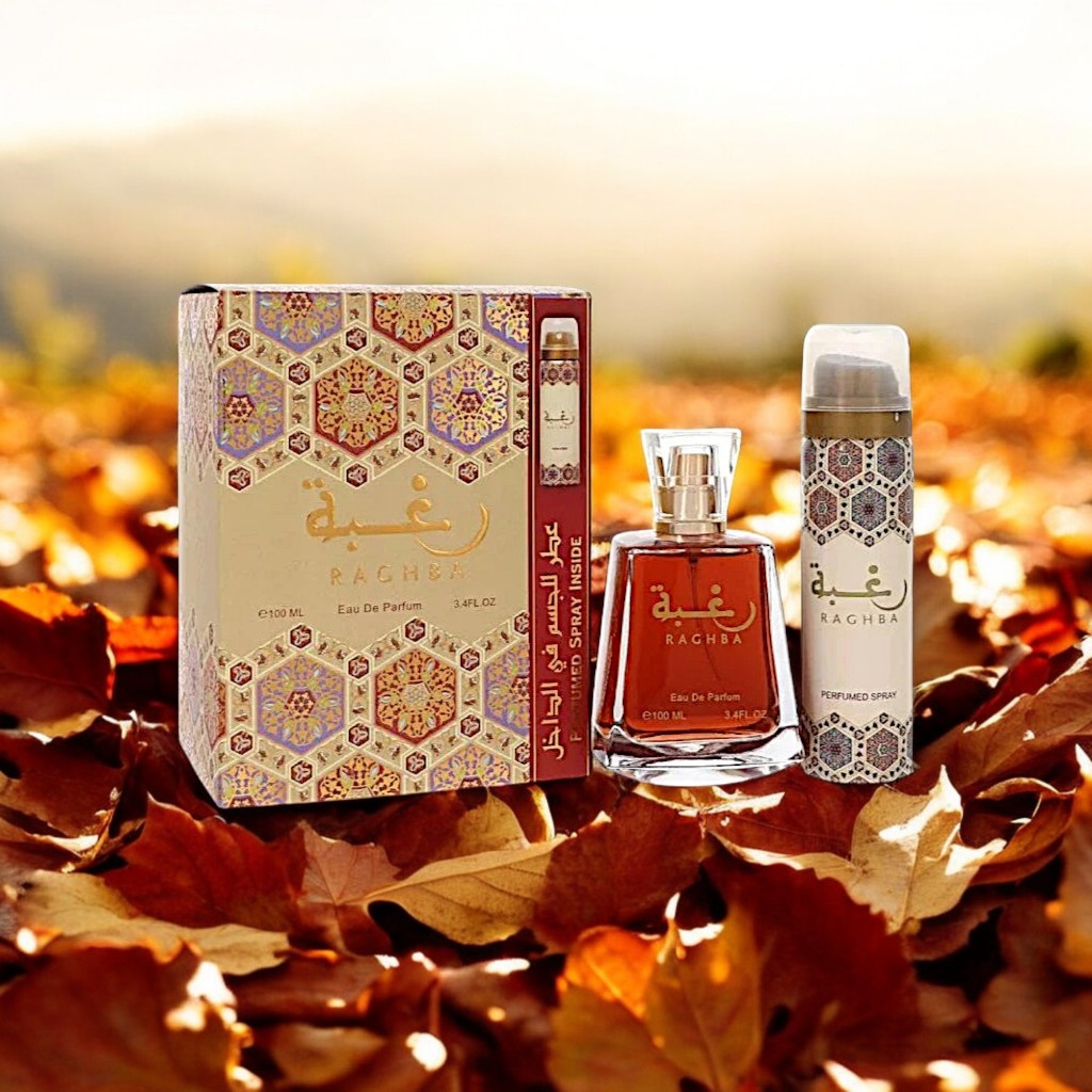 Perfume Raghba Lattafa Eau de Parfum 100ml + Body Spray – Unissex, Oriental Amadeirado Doce e Intenso