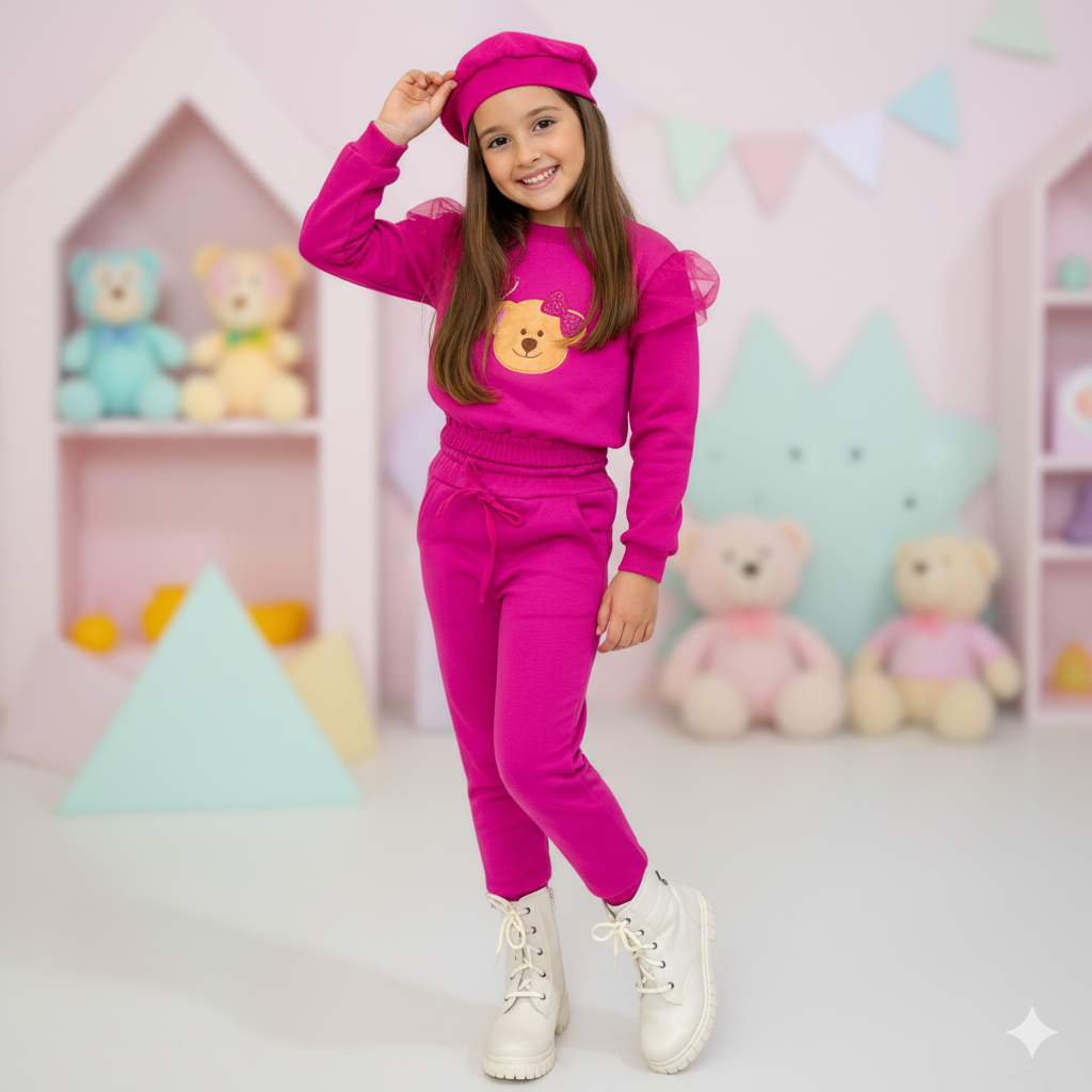 Conjunto Moleton + Boina Infantil Urso Manga Bufante Moda Confortável Ursinho Menina Diva Linda