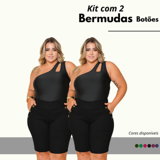 Kit Com 2 Bermuda Feminina Plus Size Social Elegante Bolsos Funcional Detalhes Em 6 Botões Tecido Bengaline 44 Ao 52