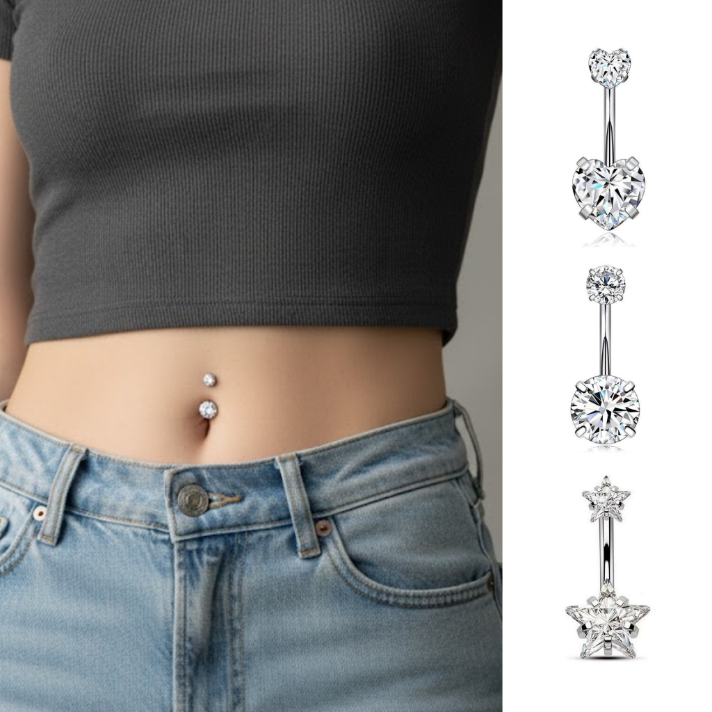 Piercings Umbigo Ponto de Luz Duplo Zircônia Coração Estrela Anti Alérgico Aço Cirúrgico Acessórios Femininos em Oferta na Shopee