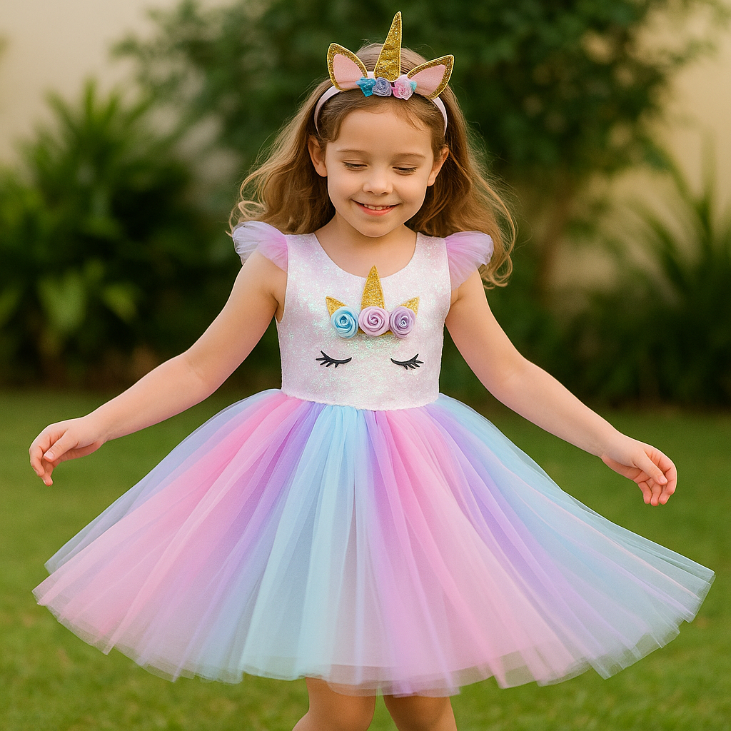 Vestido Fantasia Unicórnio Infantil com Tiara - Tecido Premium -Tule Arco-Ìris Colorido Mágico! em Oferta na Shopee