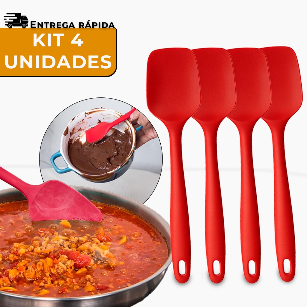 Kit 4 Espátula Silicone Dura Premium Resistente Vermelha Utensílio de Cozinha Colher Macio