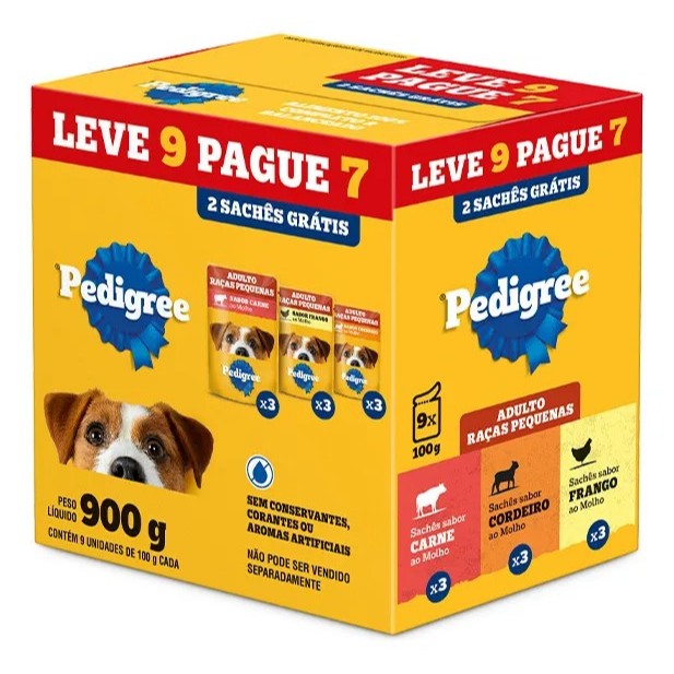 Kit Sache Pedigree Ração Úmida 3 Sabores Carne, Frango e Cordeiro Leve 9 Pague 7