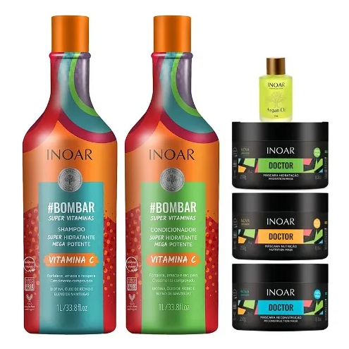Inoar Kit Bombar 2x1000ml + Cronograma Doctor Hidratação Nutrição Reconstrução + Óleo Argan Oil 7ml