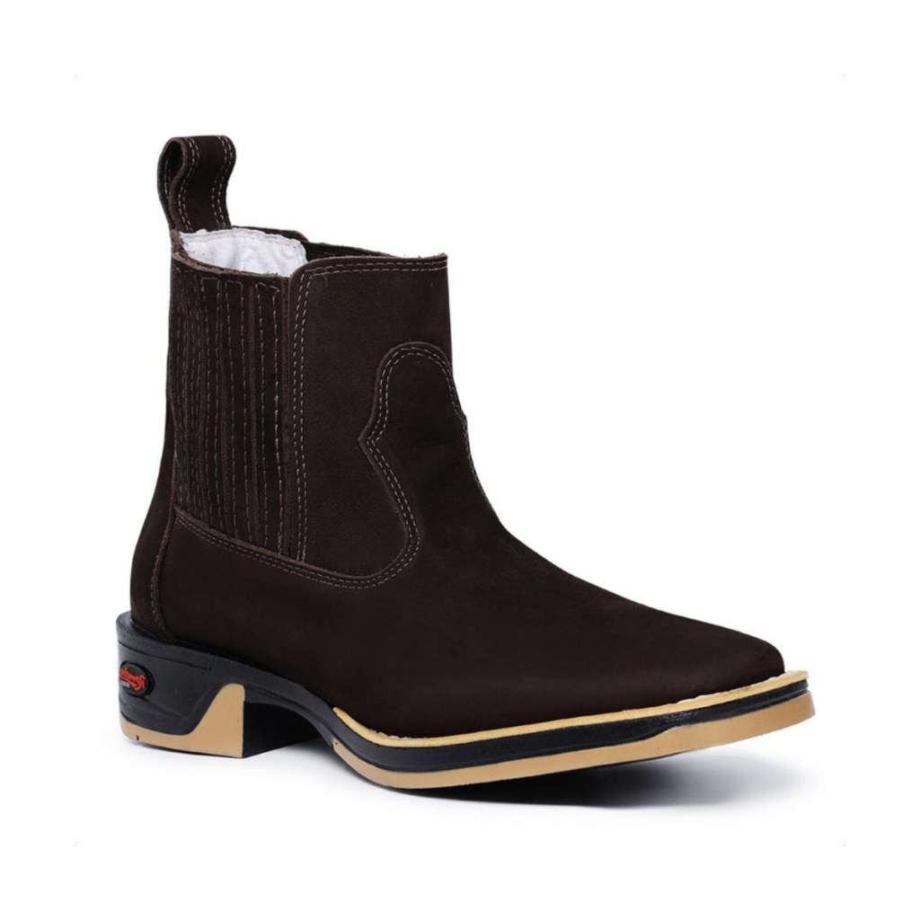 Botina Texana Couro Legítimo Preto Sem Bordado Confort Solado Borracha Jump Costurado Bico Quadrado