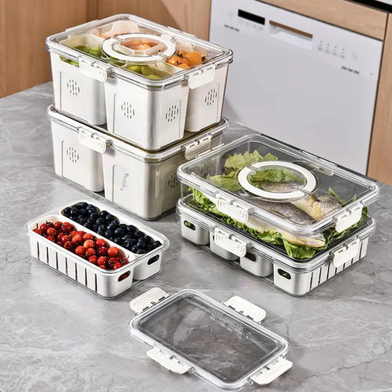 Pote Organizador Hermético Multiuso de Geladeira com Divisórias para Alimentos Verduras Cesto