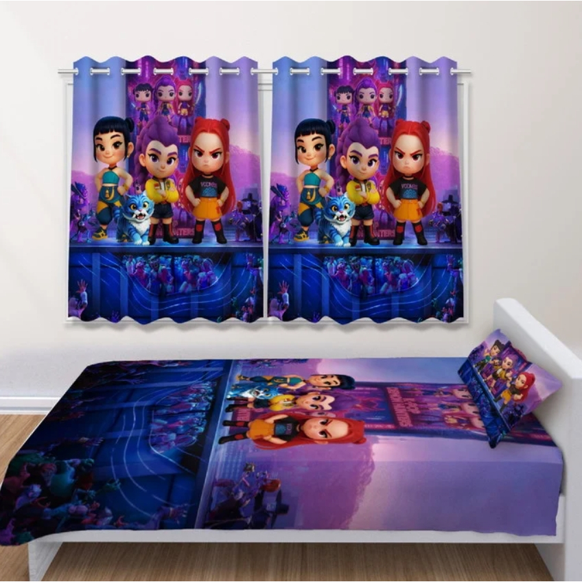 Kit Jogo de Quarto Infantil Cortina Jogo Lençol Cobre Leito Huntrix Guerreiras do K-pop Baby Cute 3D