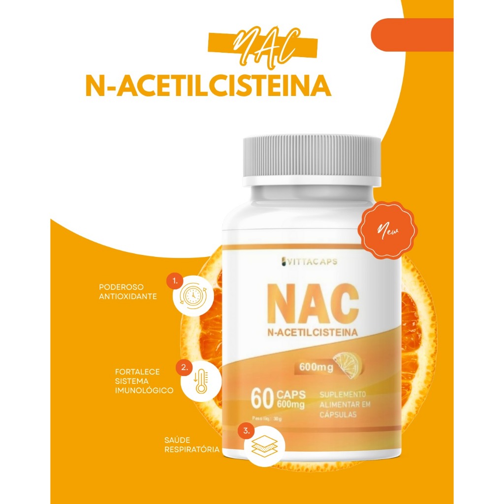 N-Acetil L-Cisteína NAC - 600mg - Precursor da Glutationa - 60 Cápsulas -ENVIOIMEDIATO