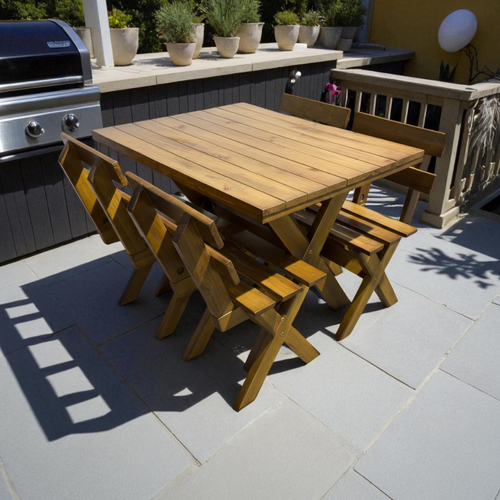 Conjunto Mesa e 4 Bancos para Churrasco Área de Lazer Madeira Maciça Alta Qualidade e Durabilidade
