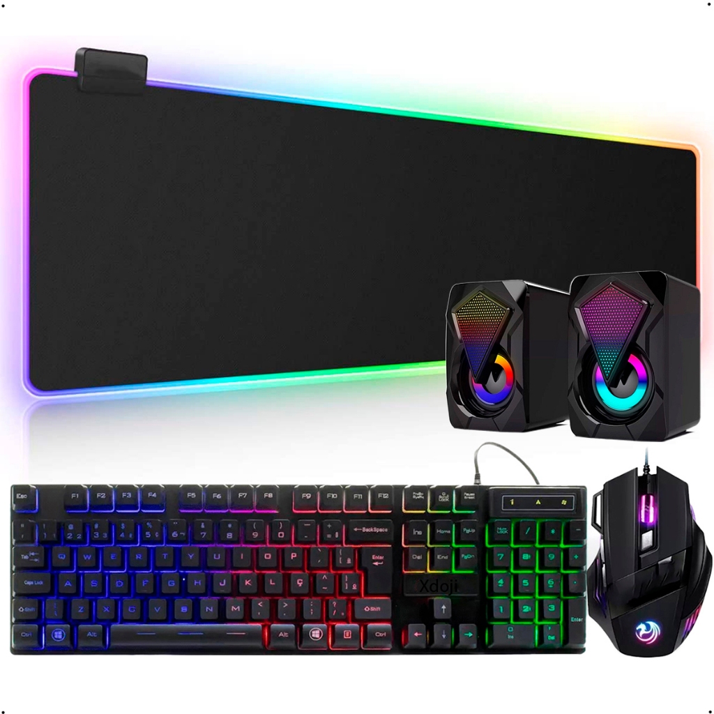 Aportex Setup Completo Gamer LED RGB Teclado Mouse Caixa de Som Mousepad
