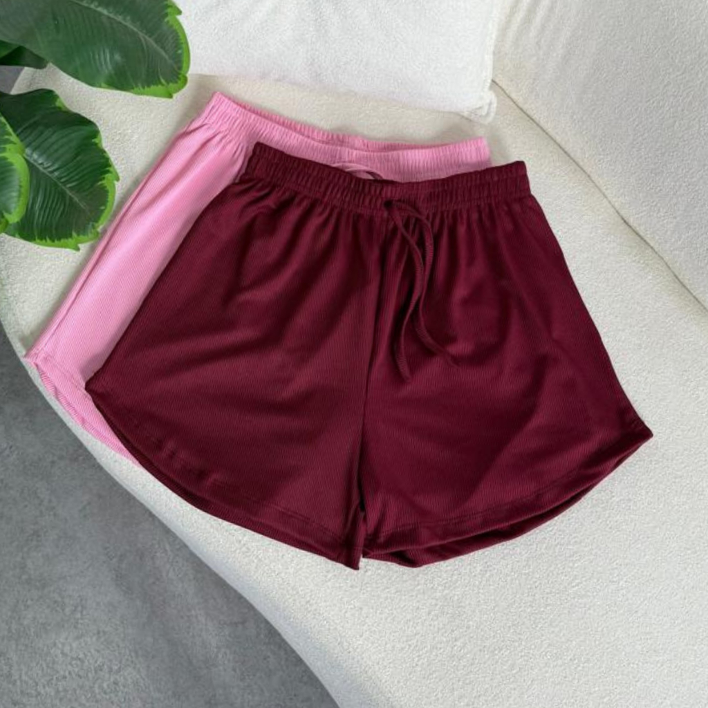 Kit 2 Peças Short Feminino Tecido Canelado, Confortável, Com elástico na cintura  cores Tendências
