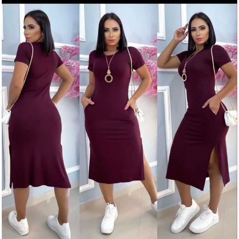 Vestido midi de bolso moda Evangélica, tamanho único G veste do 40 ao 44 ,tecido visco lycra