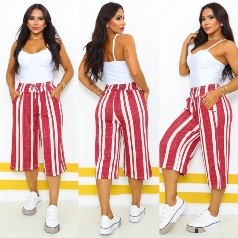 Calça pantacurt listrado e lisa moda feminina Elegante  tamanho  g,gg, tecido  romântic,  e visco lycra em Oferta na Shopee