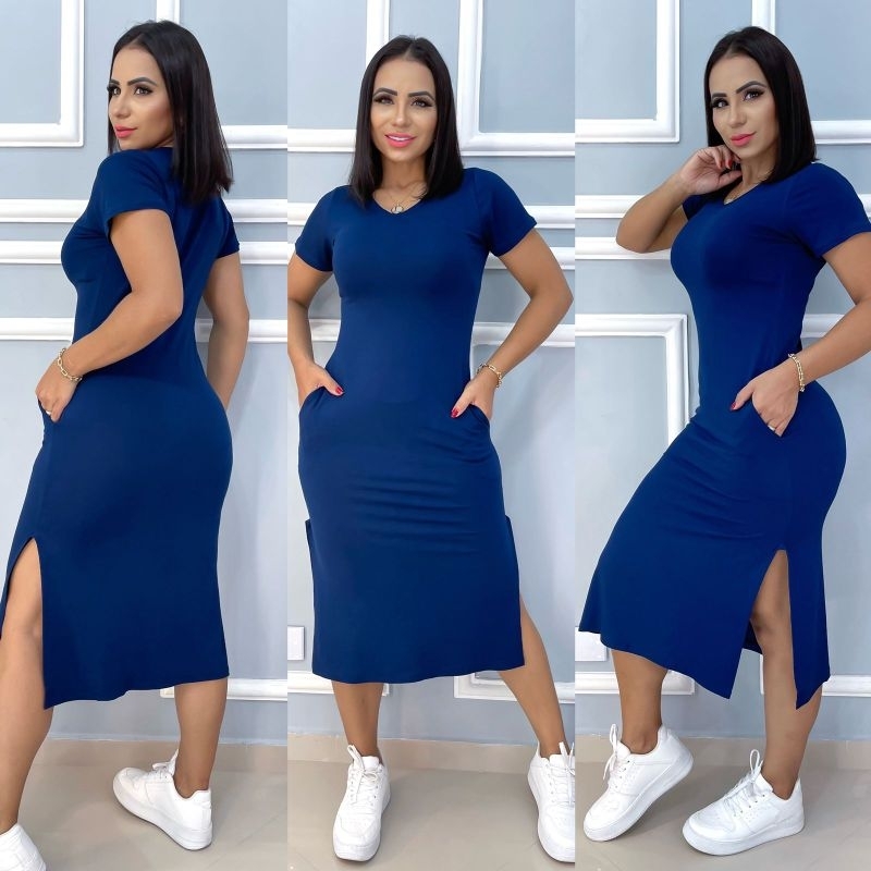 Vestido midi de bolso moda Evangélica, tamanho único G veste do 40 ao 44 ,tecido visco lycra