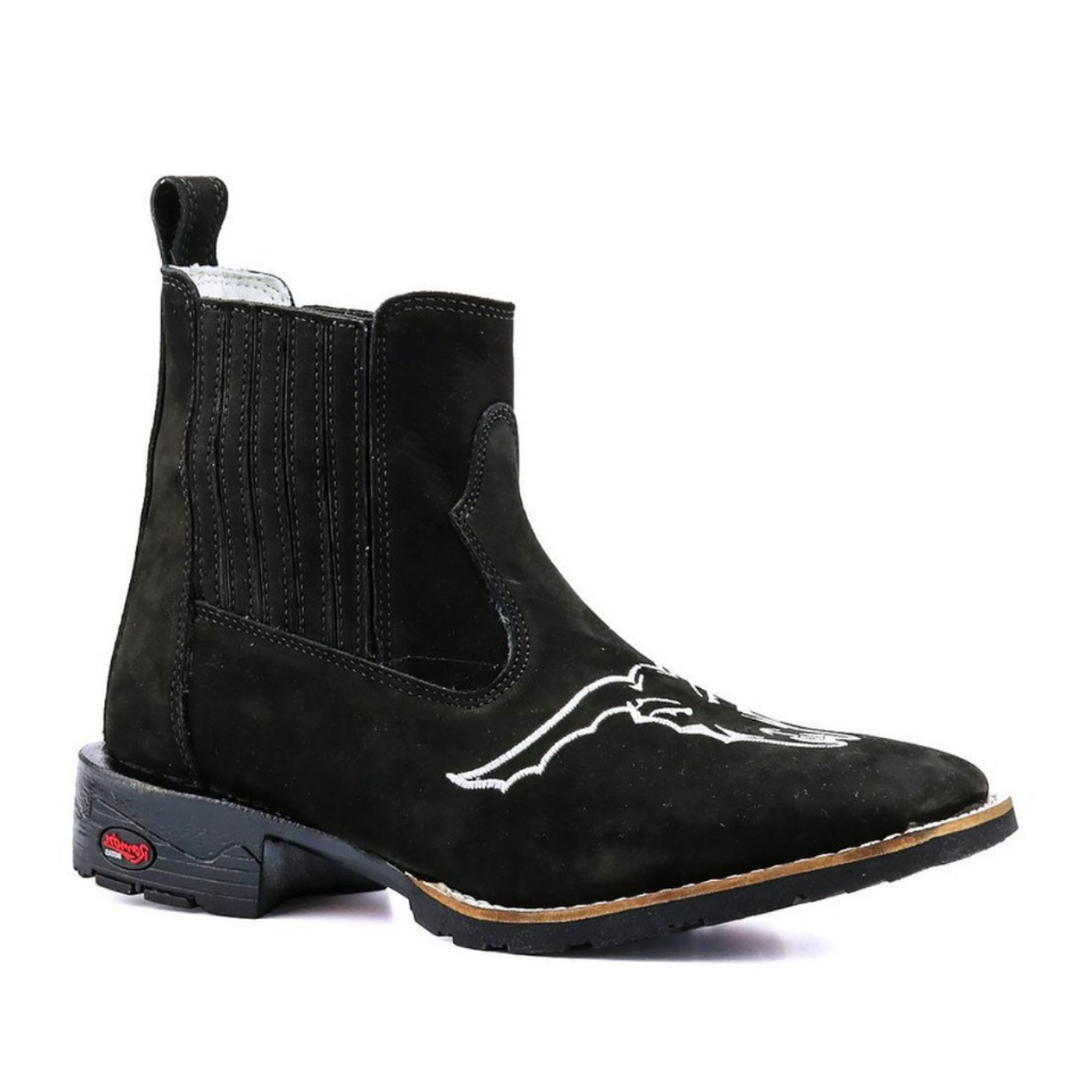 Botina em Couro Legítimo Preto com Bordado de Boi em Branco Estilo, Conforto Premium e Durabilidade