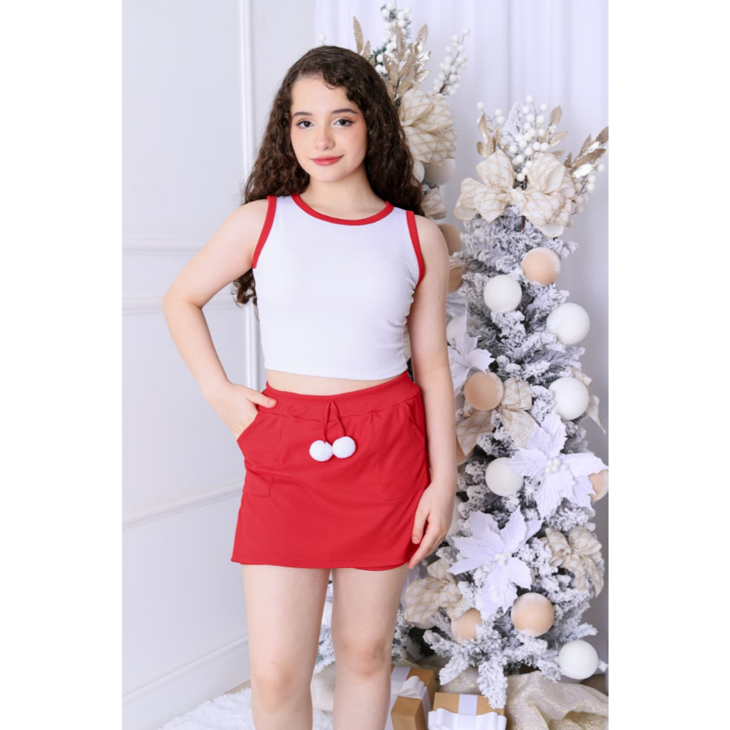 Conjunto para Meninas Infantil e Juvenil Tween Cropped Regata e Shorts Saia Pompom Caneado Ribana CJI001