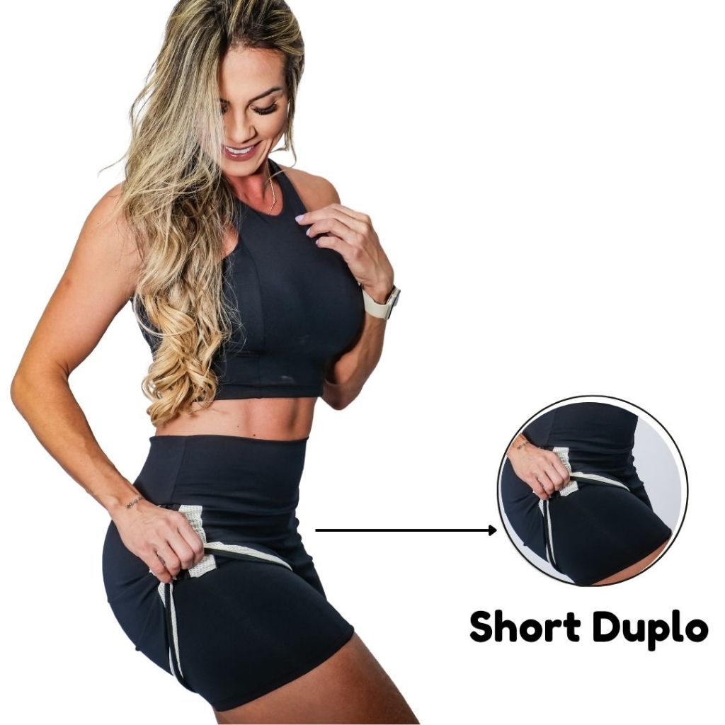 Top Up Glam Alça Cruzada + Short Duplo 2 em 1 – Conjunto Feminino Fitness Academia