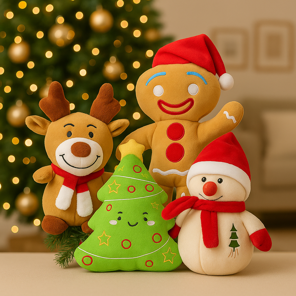 Kit com 4 Pelúcias de Natal - Árvore, Boneco de Neve, Rena, Biscoito do Shrek - Enfeites Natalinos