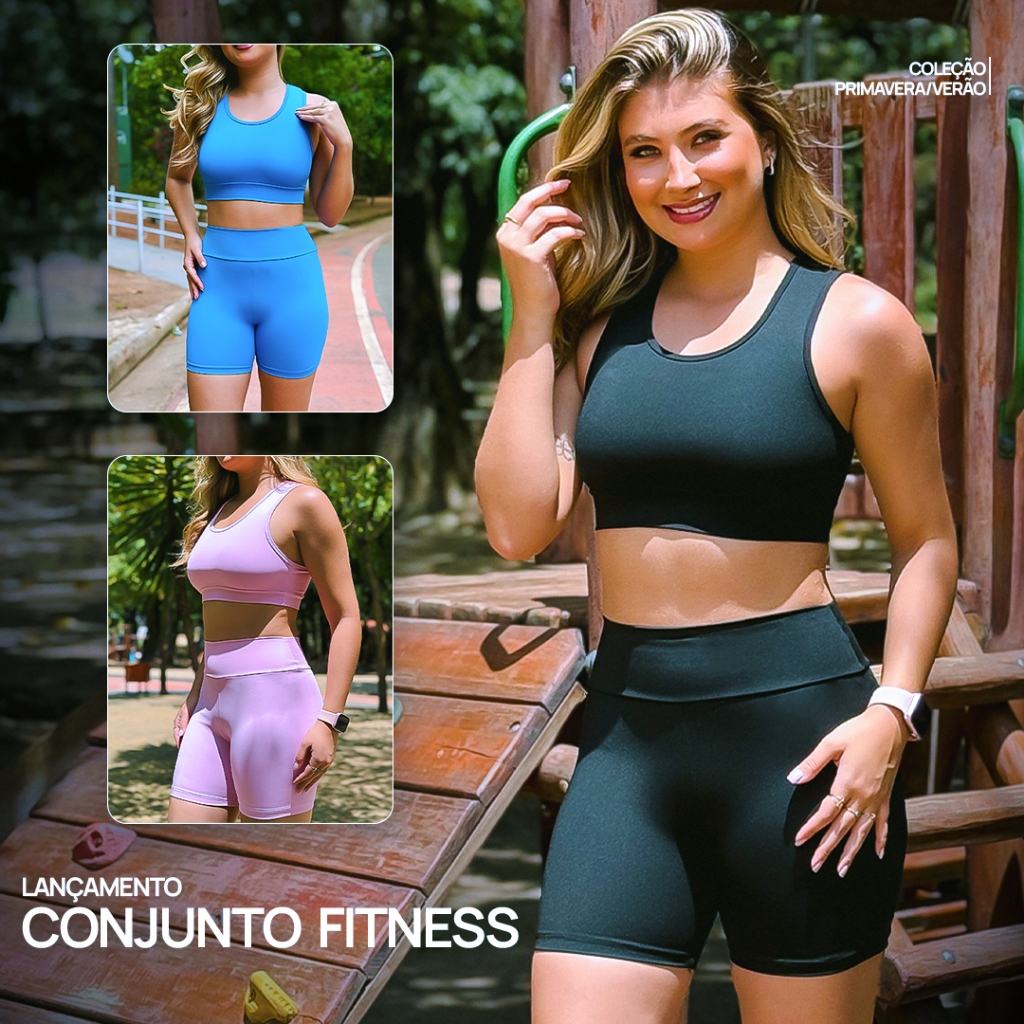 Conjunto Fitness Linha Luxo Poliamida Short Top Cós Alto Zero Transparência Feminino Academia