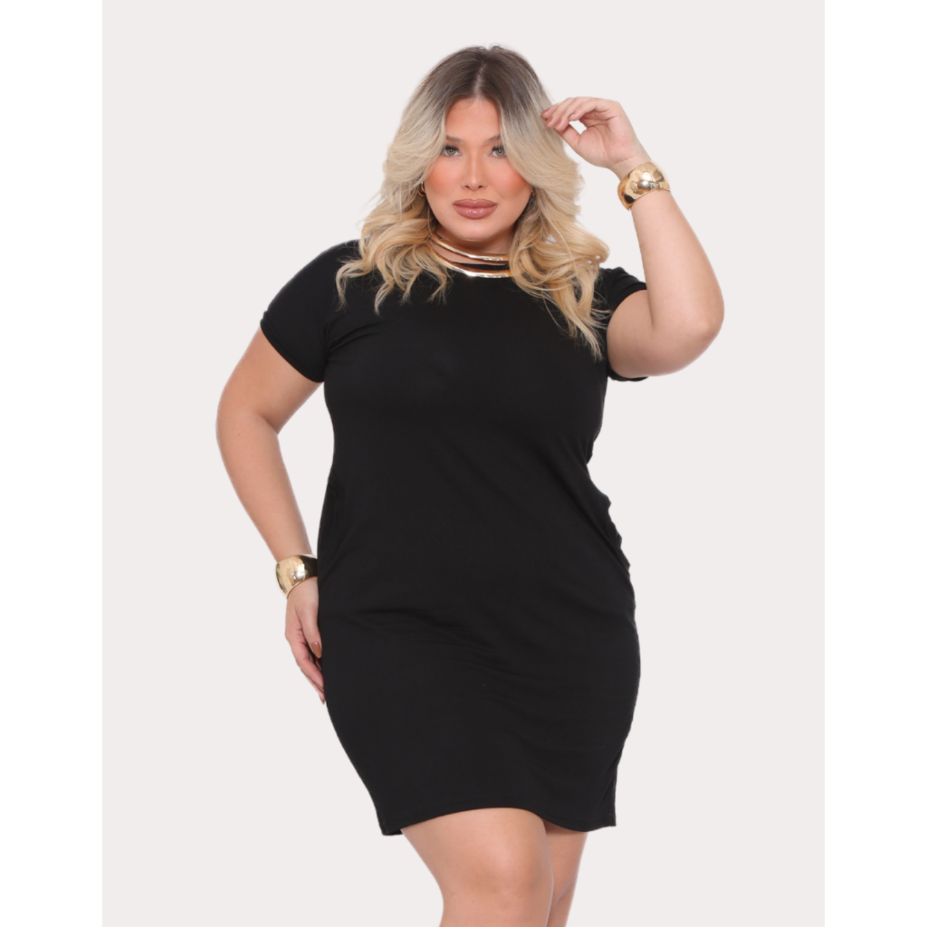 Vestido Curto Feminino Liso Malha Fria Bolso Moda Verão Plus Size