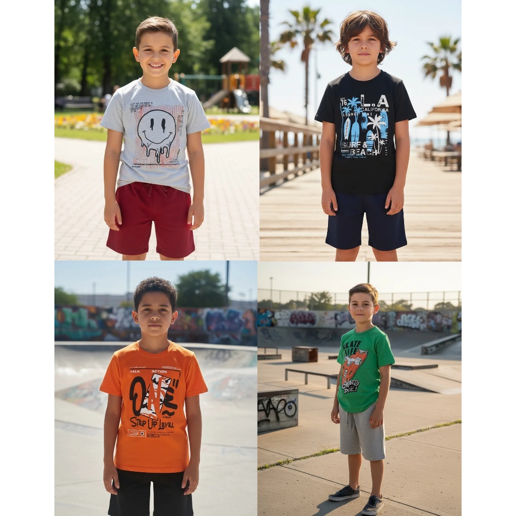 1, 2 ou 3 Conjunto Bermuda Moletom e Camiseta Juvenil Menino 12/14/16