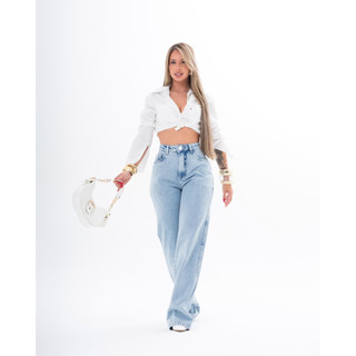 Calça Feminina Jeans Wide leg Clara Empina Bumbum Versátil Cintura Alta