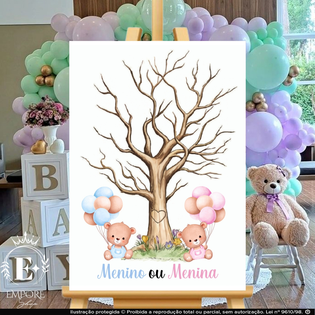 Quadro Decoração Arvore Chá Revelação Menino ou Menino Azul Ou Rosa Personalizado Ursinhos Balões