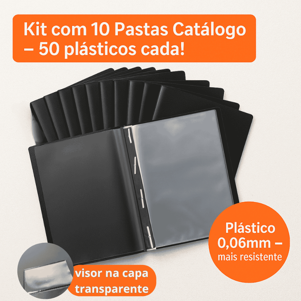 ATACADO 10 Pastas Catalogo Preta a4 Com 50 Envelopes Transparente Organizadora Visor Na Capa