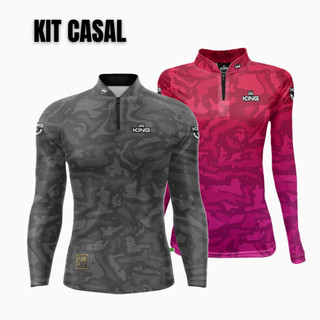 Kit Casal 2 Camisas Blusas de Pesca Bike Camping Praia Camuflado com Proteção Solar UV50 King Brasil