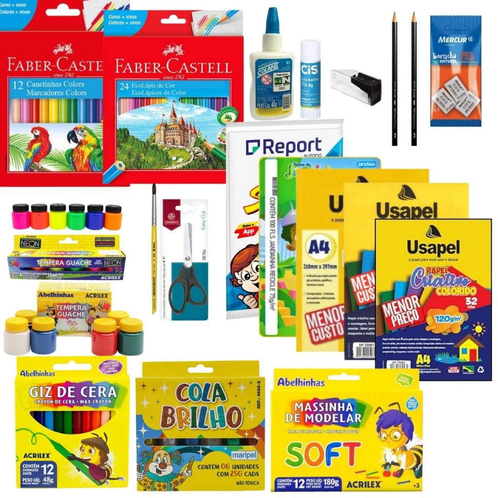 Kit Papeis + Lapis Pintar e Grafite Canetinha Apontador Faber+ Arte Acrilex + Cola Branca + Tesoura