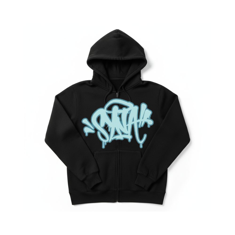 Moletom De Zíper Preto Com Estampa Streetwear Unissex Com Capuz